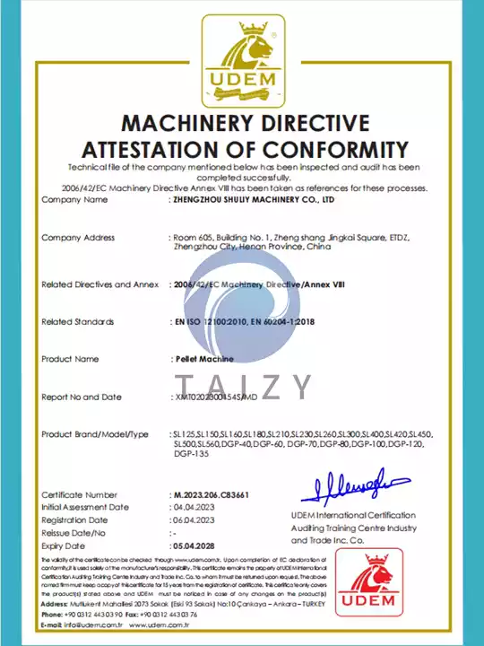 Pellet machine certificate